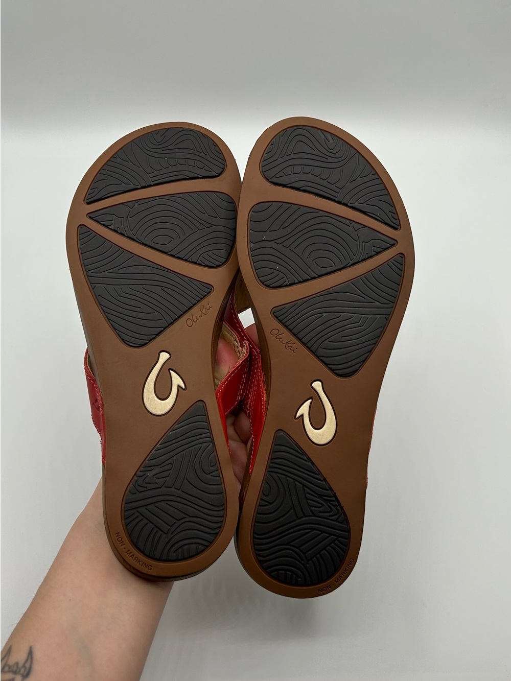 OluKai Red Leather Thong Sandals with Brown Footbed - Picture 7 of 8